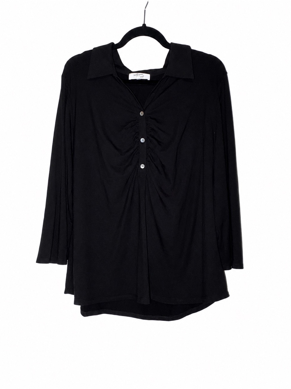Black Ribbed Ruched Collared Tunic Top Rayon Blend- 2X